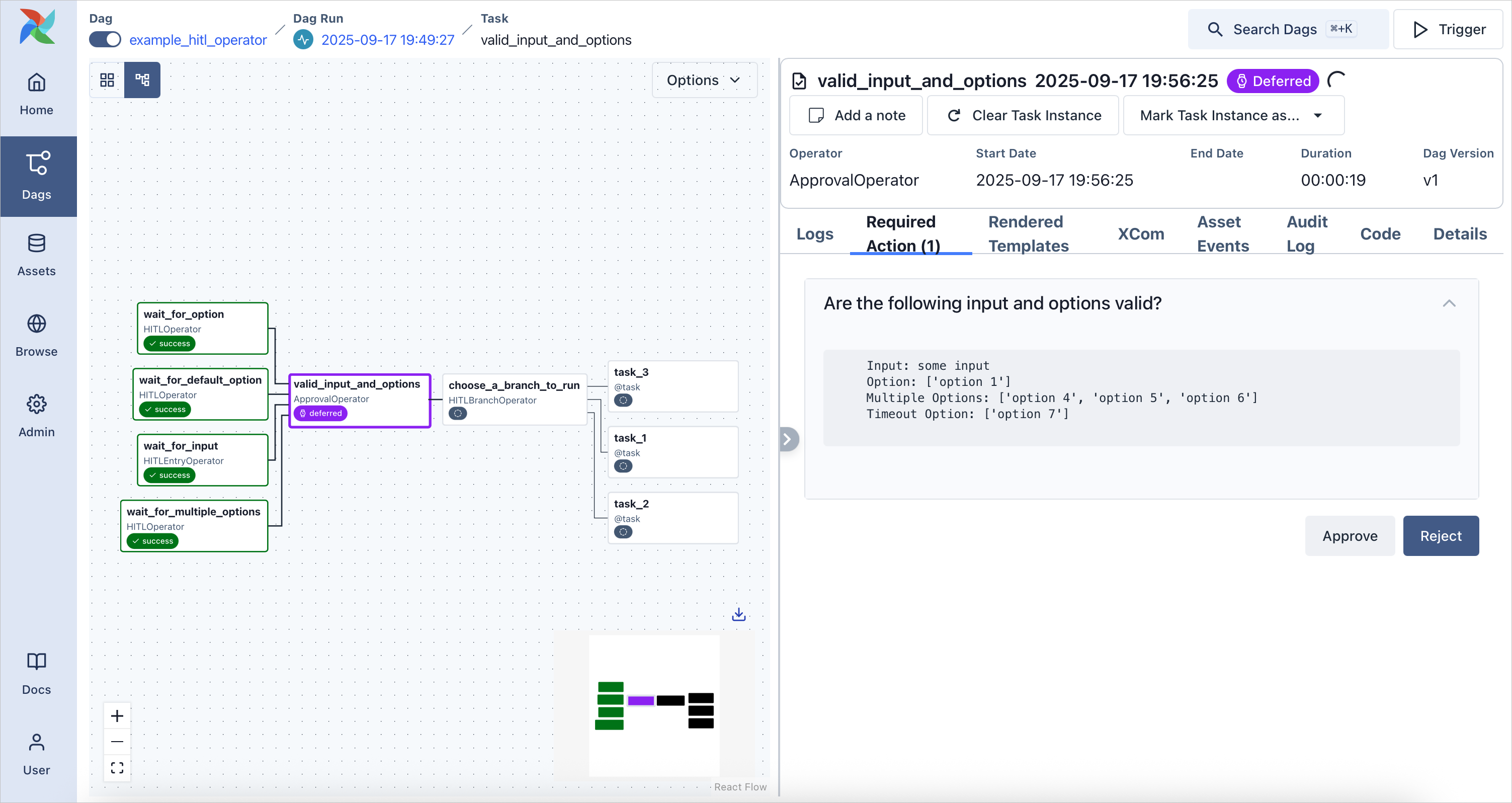 Demo HITL task instance waiting for approval or rejection