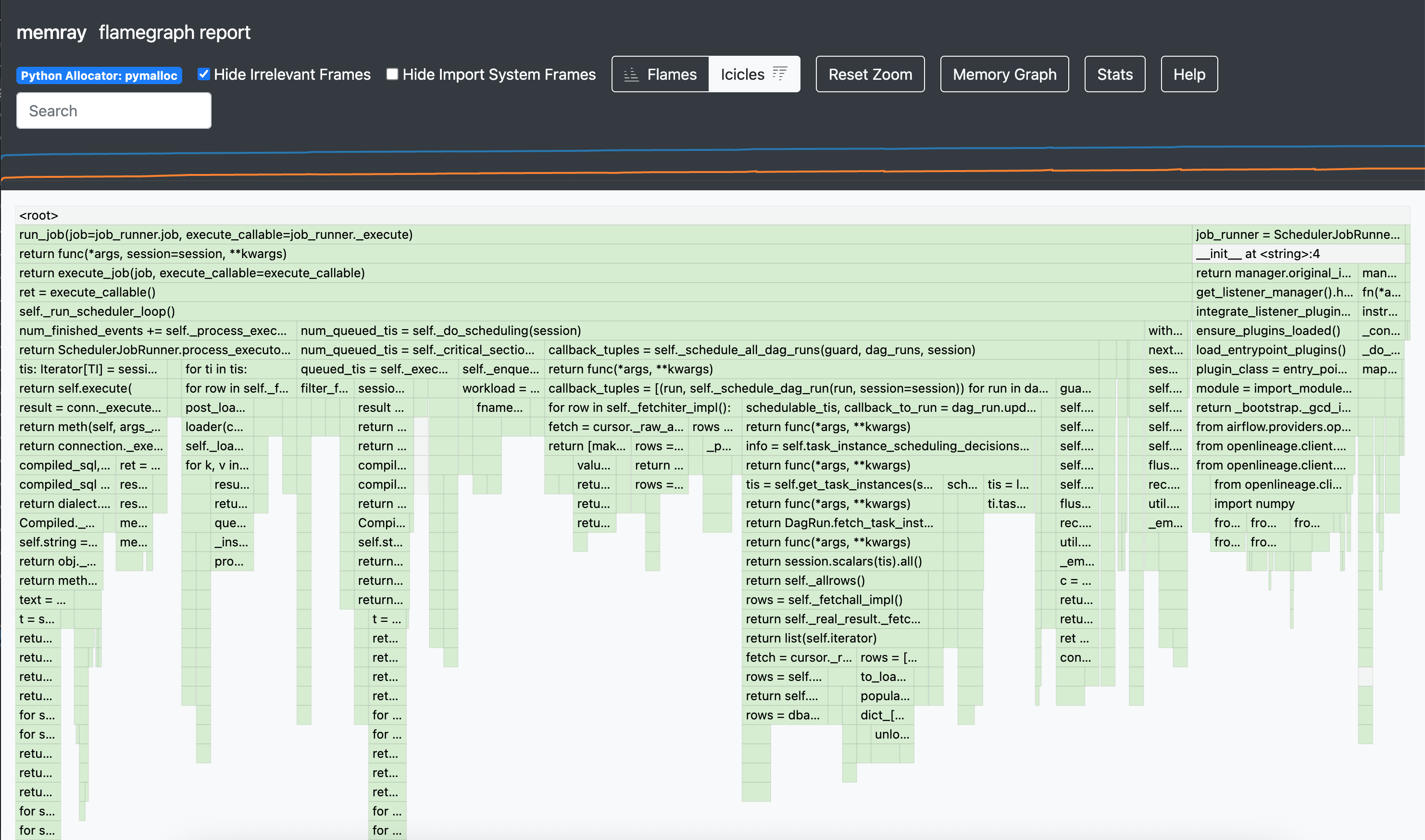Example Memray flamegraph showing memory allocations